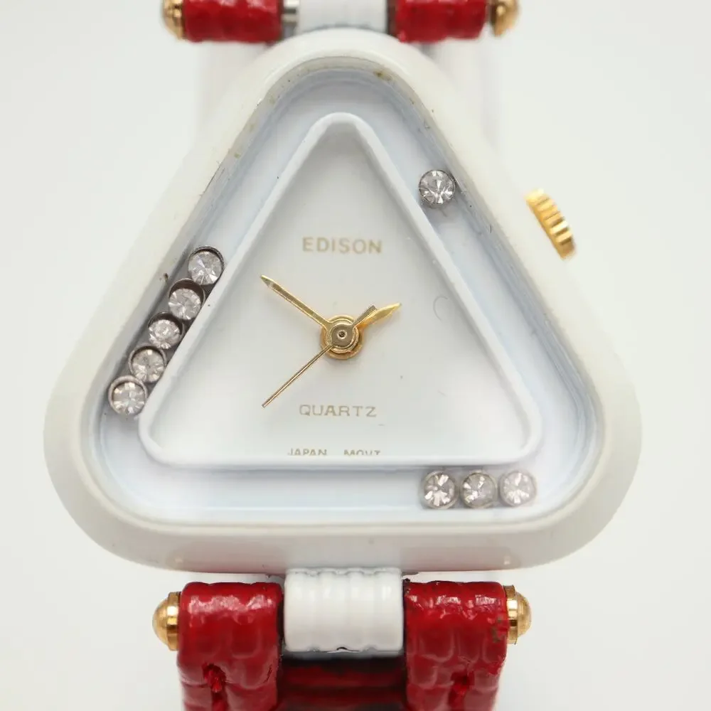 Vintage Edison White Triangle Art 26mm Womens Watch Red Leather w New Battery